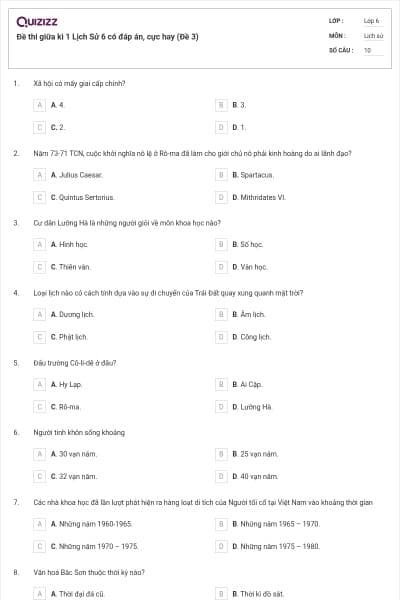 Đề thi giữa kì 1 Lịch Sử 6 có đáp án, cực hay (Đề 3)
