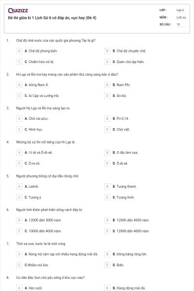 Đề thi giữa kì 1 Lịch Sử 6 có đáp án, cực hay (Đề 4)