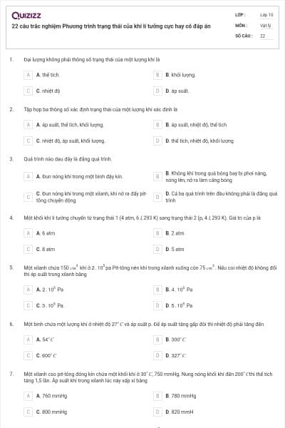 22 câu trắc nghiệm Phương trình trạng thái của khí lí tưởng cực hay có đáp án