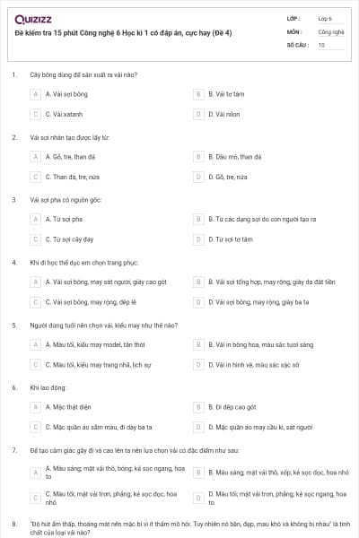 Đề kiểm tra 15 phút Công nghệ 6 Học kì 1 có đáp án, cực hay (Đề 4)