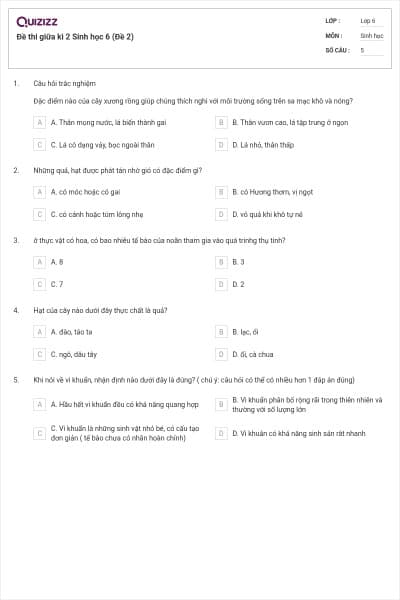 Đề thi giữa kì 2 Sinh học 6 (Đề 2)
