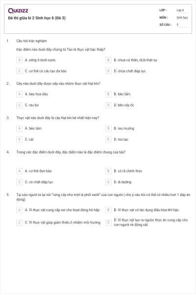Đề thi giữa kì 2 Sinh học 6 (Đề 3)
