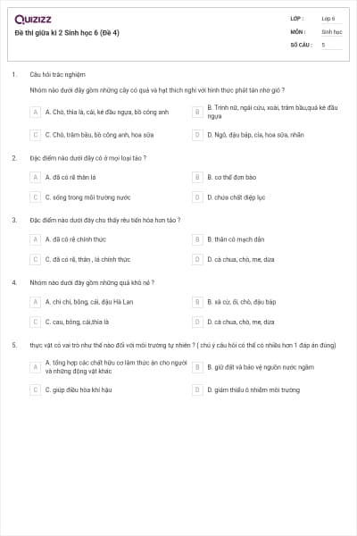 Đề thi giữa kì 2 Sinh học 6 (Đề 4)