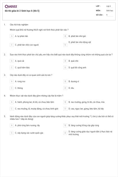 Đề thi giữa kì 2 Sinh học 6 (Đề 5)