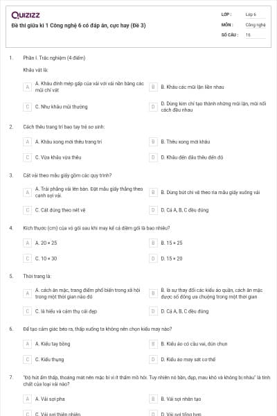 Đề thi giữa kì 1 Công nghệ 6 có đáp án, cực hay (Đề 3)