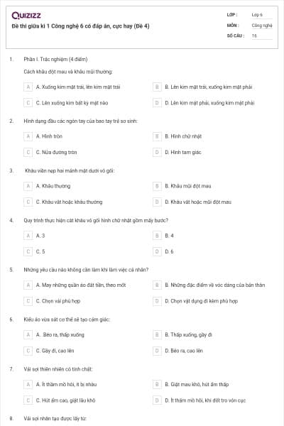 Đề thi giữa kì 1 Công nghệ 6 có đáp án, cực hay (Đề 4)