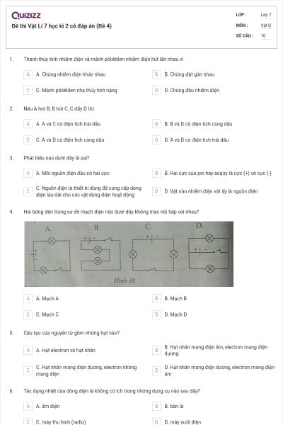 Đề thi Vật Lí 7 học kì 2 có đáp án (Đề 4)