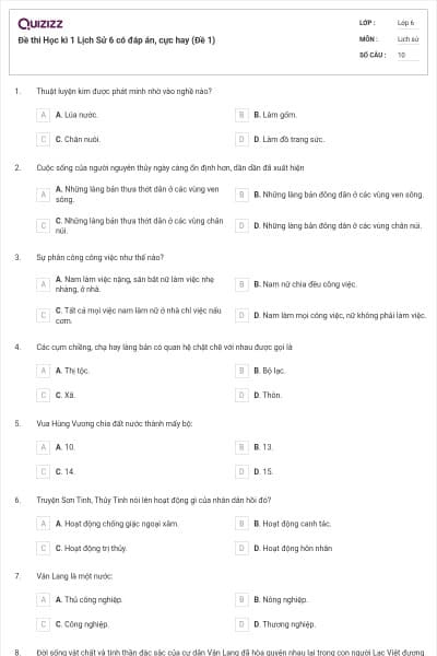 Đề thi Học kì 1 Lịch Sử 6 có đáp án, cực hay (Đề 1)
