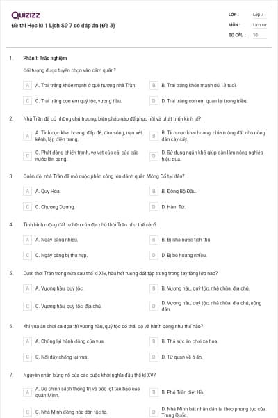 Đề thi Học kì 1 Lịch Sử 7 có đáp án (Đề 3)