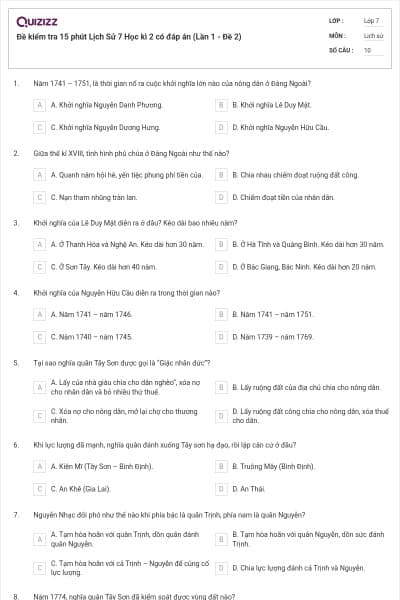 Đề kiểm tra 15 phút Lịch Sử 7 Học kì 2 có đáp án (Lần 1 - Đề 2)