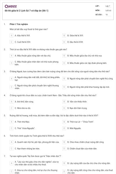 Đề thi giữa kì 2 Lịch Sử 7 có đáp án (Đề 1)