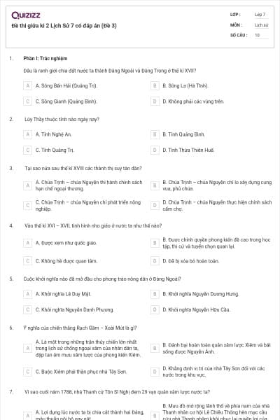 Đề thi giữa kì 2 Lịch Sử 7 có đáp án (Đề 3)