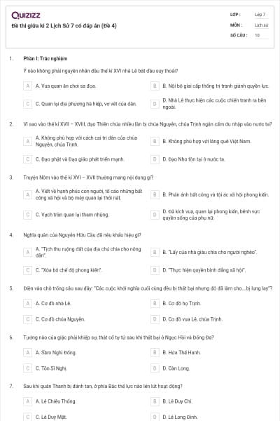 Đề thi giữa kì 2 Lịch Sử 7 có đáp án (Đề 4)