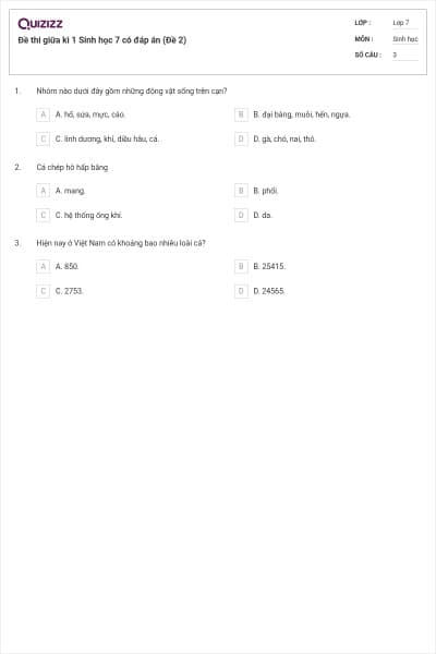 Đề thi giữa kì 1 Sinh học 7 có đáp án (Đề 2)
