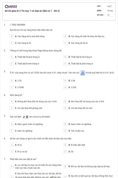 Đề thi giữa kì 2 Tin học 7 có đáp án (Bài số 1 - Đề 3)