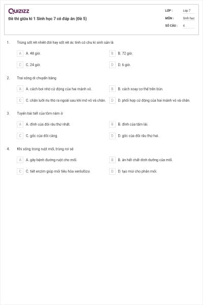 Đề thi giữa kì 1 Sinh học 7 có đáp án (Đề 5)