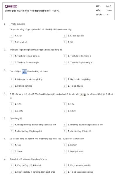Đề thi giữa kì 2 Tin học 7 có đáp án (Bài số 1 - Đề 4)