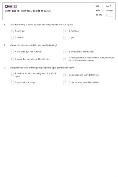 Đề thi giữa kì 1 Sinh học 7 có đáp án (Đề 3)
