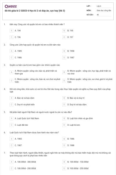 Đề thi giữa kì 2 GDCD 6 Học kì 2 có đáp án, cực hay (Đề 3)