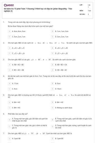 Đề kiểm tra 15 phút Toán 7 Chương 3 Hình học có đáp án (phần Qhgcytttg - Trắc nghiệm 3)