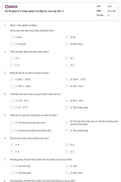 Đề thi giữa kì 2 Công nghệ 6 có đáp án, cực hay (Đề 1)