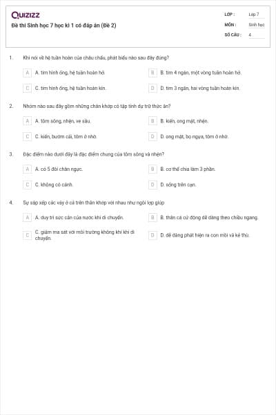 Đề thi Sinh học 7 học kì 1 có đáp án (Đề 2)