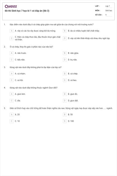 Đề thi Sinh học 7 học kì 1 có đáp án (Đề 3)