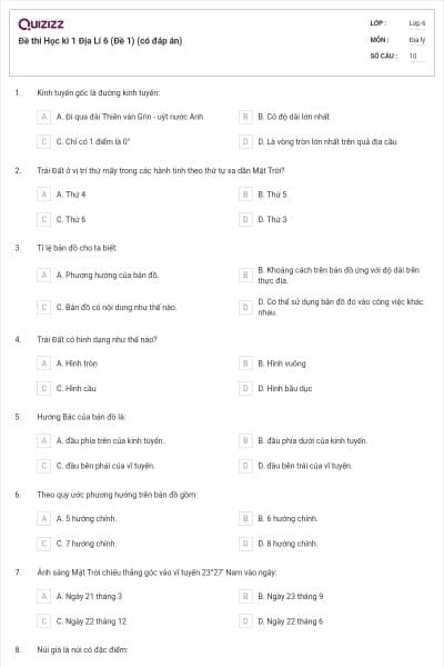 Đề thi Học kì 1 Địa Lí 6 (Đề 1) (có đáp án)