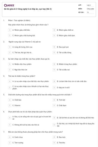Đề thi giữa kì 2 Công nghệ 6 có đáp án, cực hay (Đề 2)