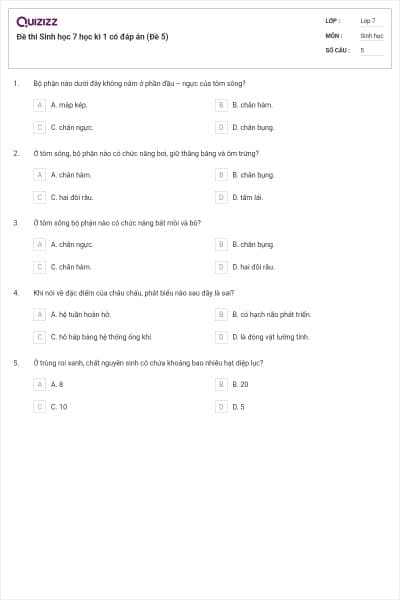 Đề thi Sinh học 7 học kì 1 có đáp án (Đề 5)