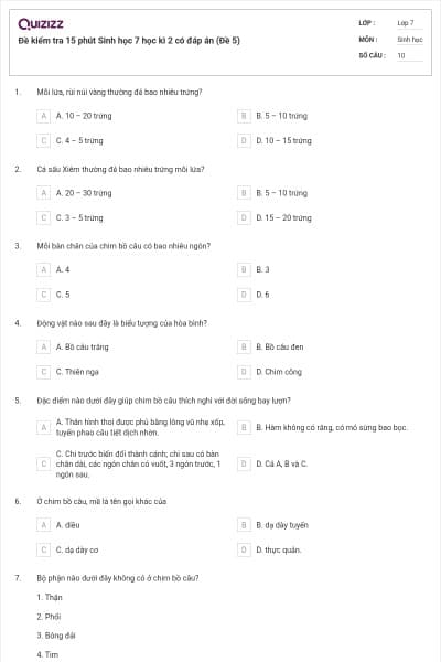 Đề kiểm tra 15 phút Sinh học 7 học kì 2 có đáp án (Đề 5)