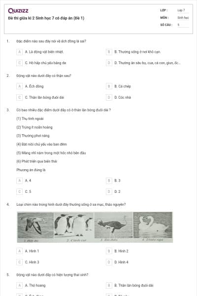 Đề thi giữa kì 2 Sinh học 7 có đáp án (Đề 1)