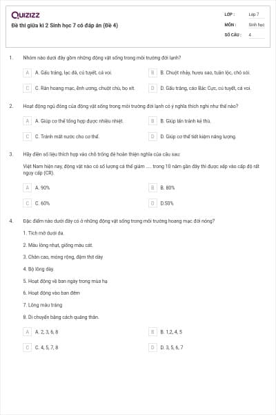Đề thi giữa kì 2 Sinh học 7 có đáp án (Đề 4)