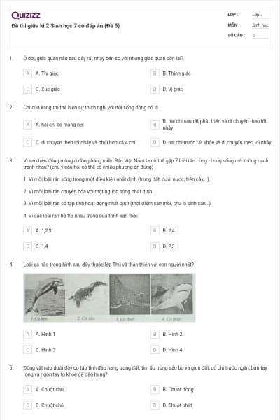 Đề thi giữa kì 2 Sinh học 7 có đáp án (Đề 5)