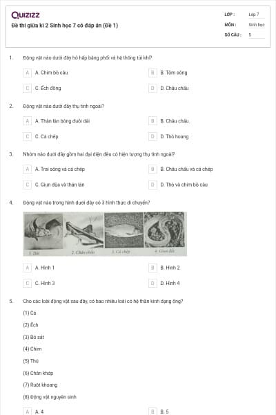 Đề thi giữa kì 2 Sinh học 7 có đáp án (Đề 1)