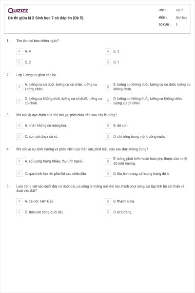 Đề thi giữa kì 2 Sinh học 7 có đáp án (Đề 5)