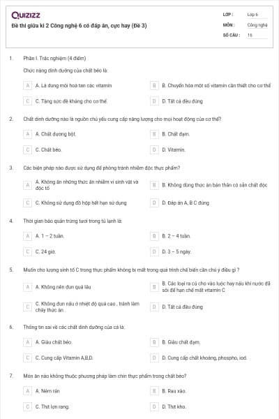 Đề thi giữa kì 2 Công nghệ 6 có đáp án, cực hay (Đề 3)