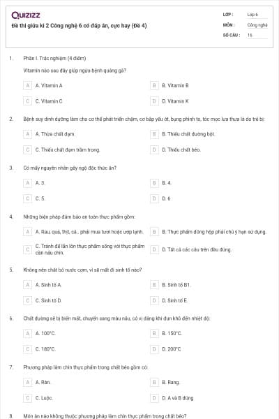 Đề thi giữa kì 2 Công nghệ 6 có đáp án, cực hay (Đề 4)