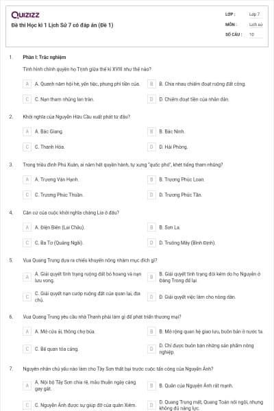 Đề thi Học kì 1 Lịch Sử 7 có đáp án (Đề 1)