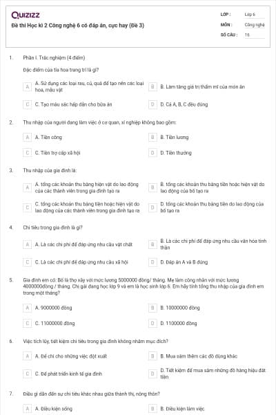 Đề thi Học kì 2 Công nghệ 6 có đáp án, cực hay (Đề 3)
