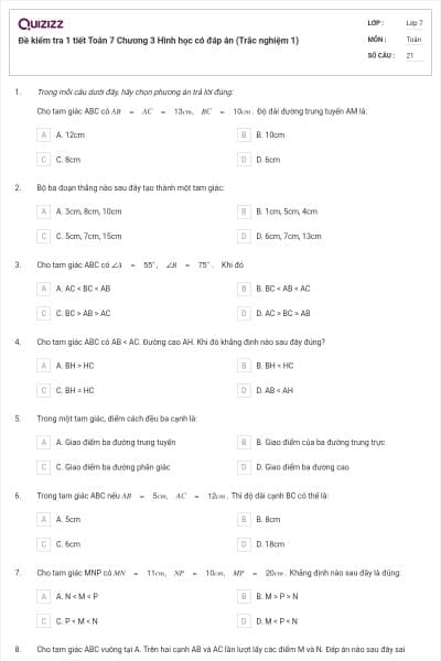 Đề kiểm tra 1 tiết Toán 7 Chương 3 Hình học có đáp án (Trắc nghiệm 1)