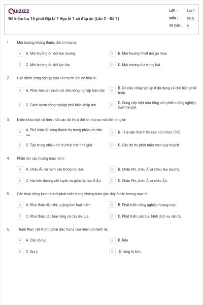 Đề kiểm tra 15 phút Địa Lí 7 Học kì 1 có đáp án (Lần 2 - Đề 1)