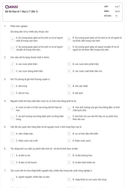 Đề thi Học kì 1 Địa Lí 7 (Đề 1)