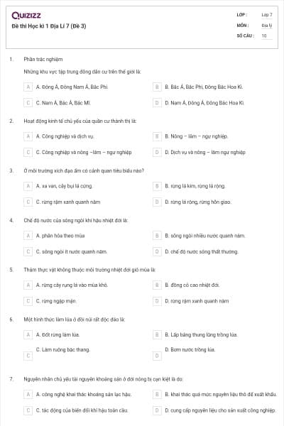 Đề thi Học kì 1 Địa Lí 7 (Đề 3)