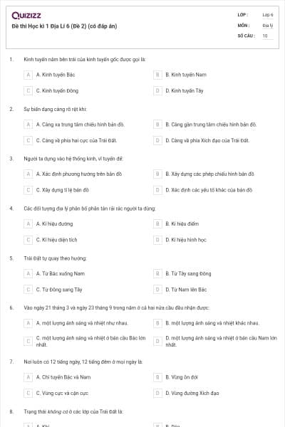Đề thi Học kì 1 Địa Lí 6 (Đề 2) (có đáp án)