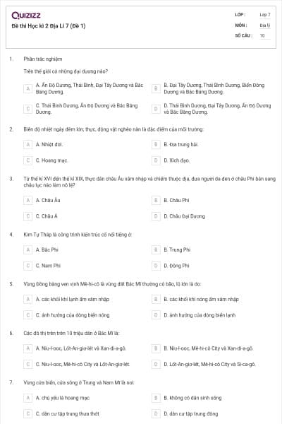 Đề thi Học kì 2 Địa Lí 7 (Đề 1)
