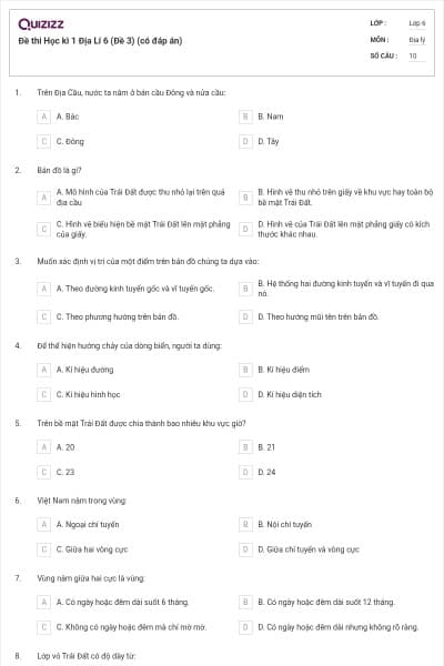 Đề thi Học kì 1 Địa Lí 6 (Đề 3) (có đáp án)