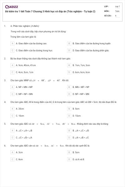 Đề kiểm tra 1 tiết Toán 7 Chương 3 Hình học có đáp án (Trắc nghiệm - Tự luận 2)