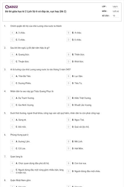 Đề thi giữa học kì 2 Lịch Sử 6 có đáp án, cực hay (Đề 2)