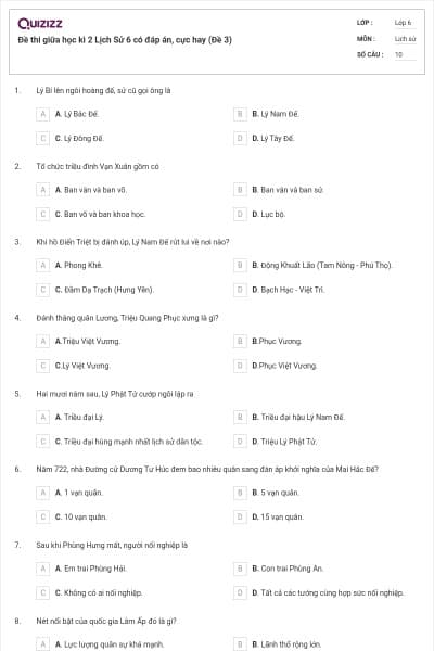 Đề thi giữa học kì 2 Lịch Sử 6 có đáp án, cực hay (Đề 3)